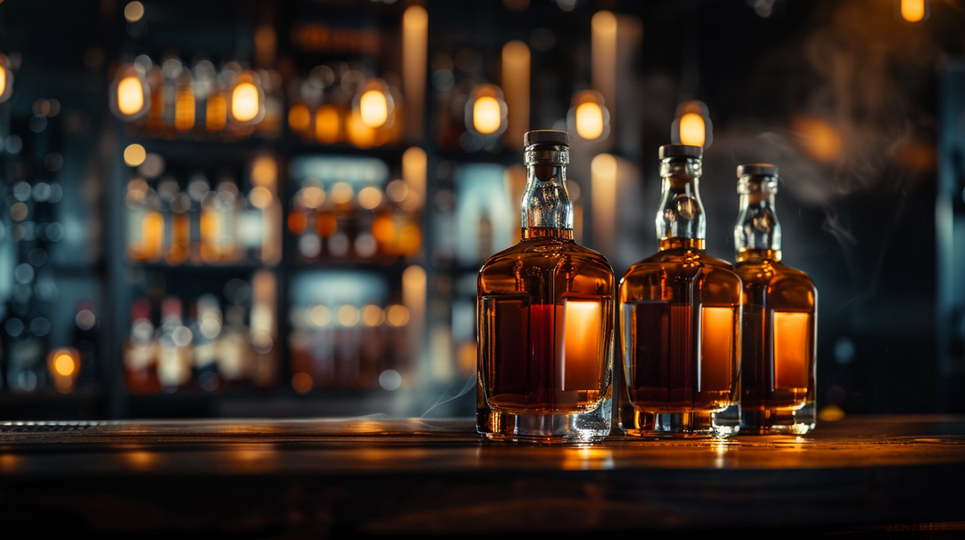 Allocated bourbon bottles displayed on dark wooden bar with warm lighting