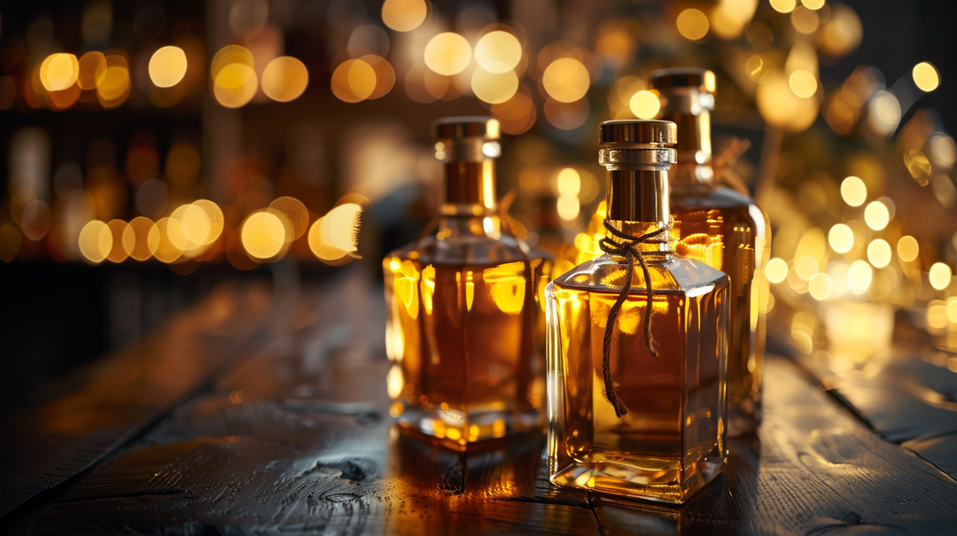 Premium whiskey and tequila bottles arranged as a luxury gift display on a dark table