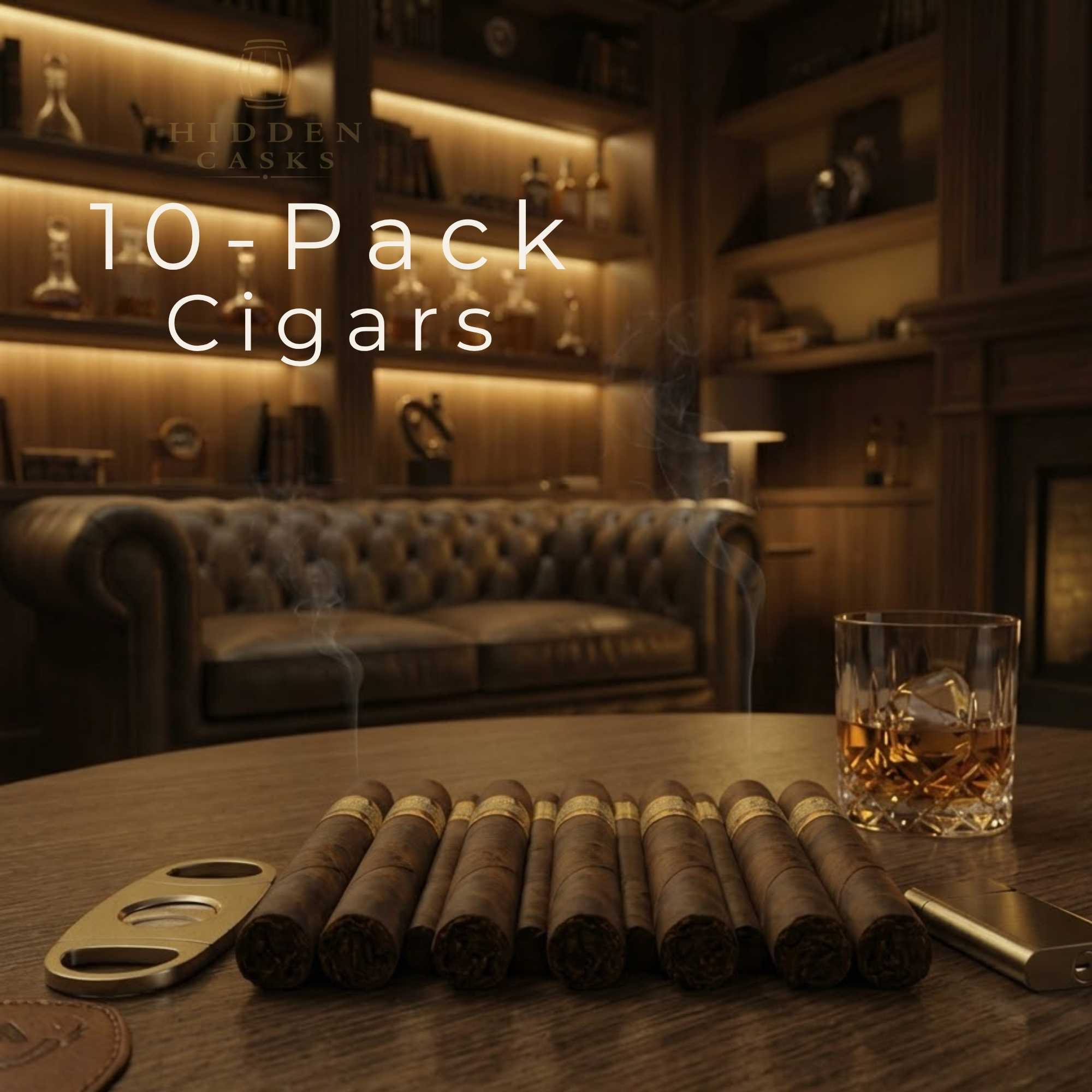 Ten premium cigars arranged on wooden table in luxury lounge setting