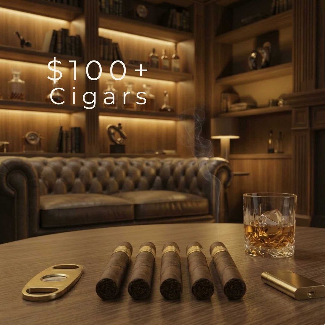 High-end premium cigars displayed in luxury lounge setting with rich golden lighting
