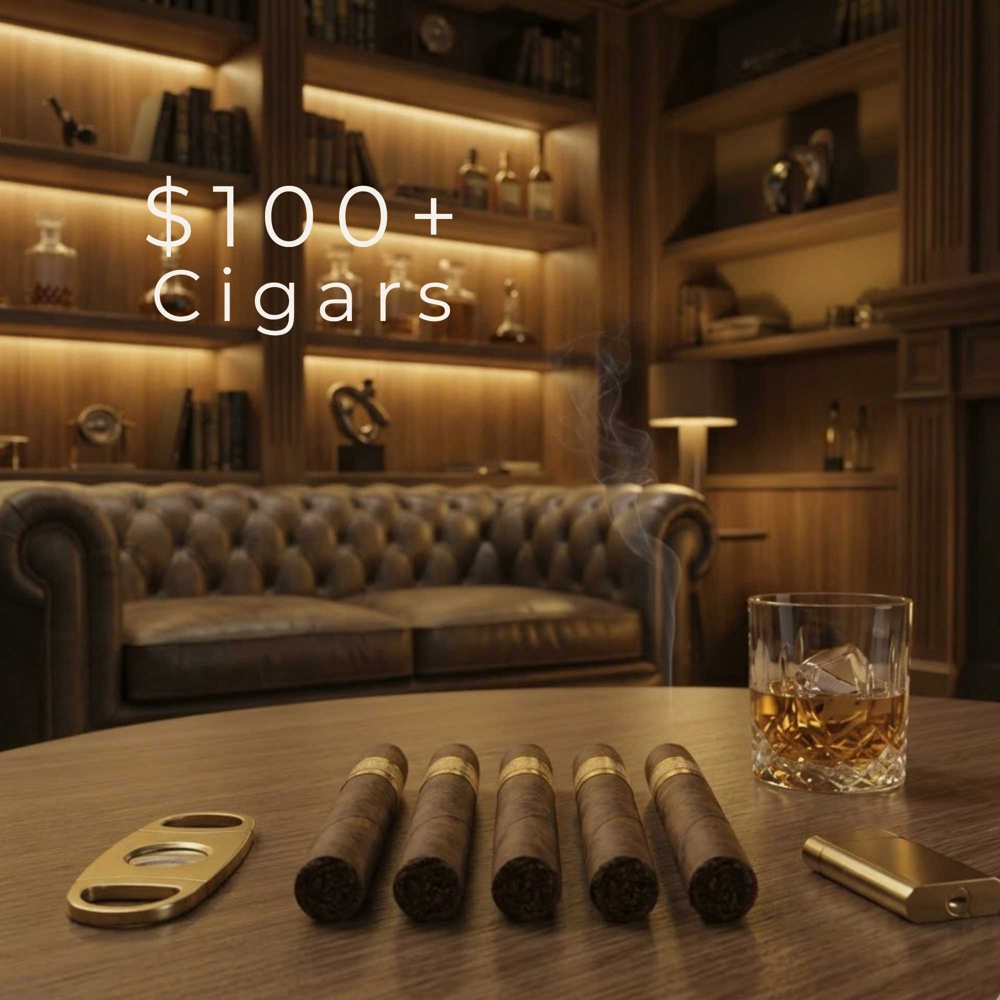 High-end premium cigars displayed in luxury lounge setting with rich golden lighting
