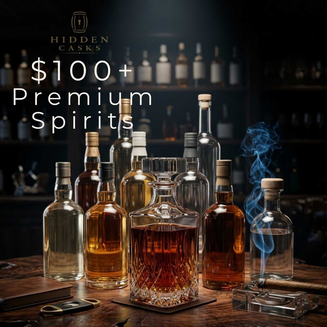 High-end premium spirits displayed in dramatic luxury setting with rich lighting
