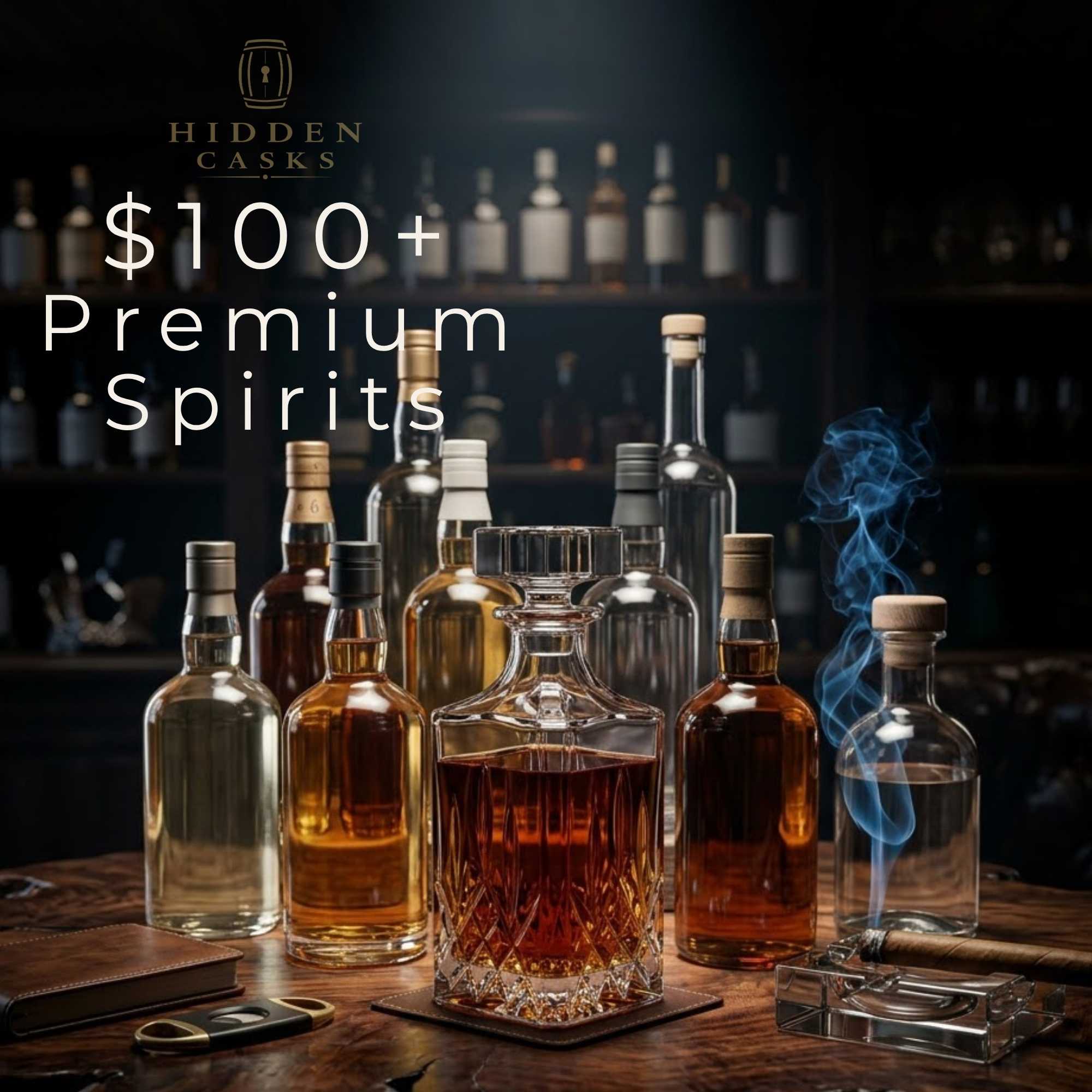 High-end premium spirits displayed in dramatic luxury setting with rich lighting