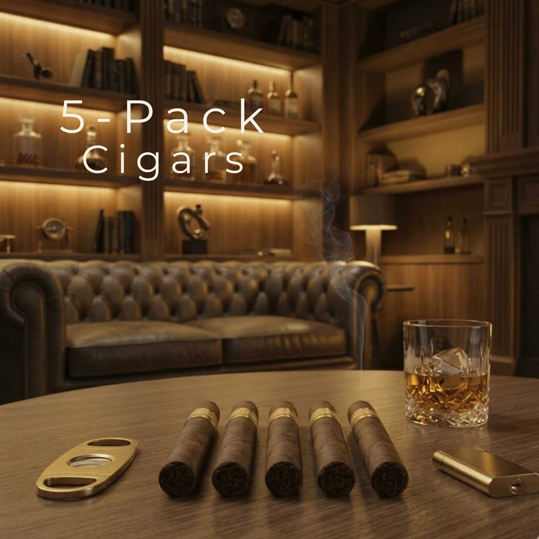 Five premium cigars arranged on wooden table in luxury lounge setting