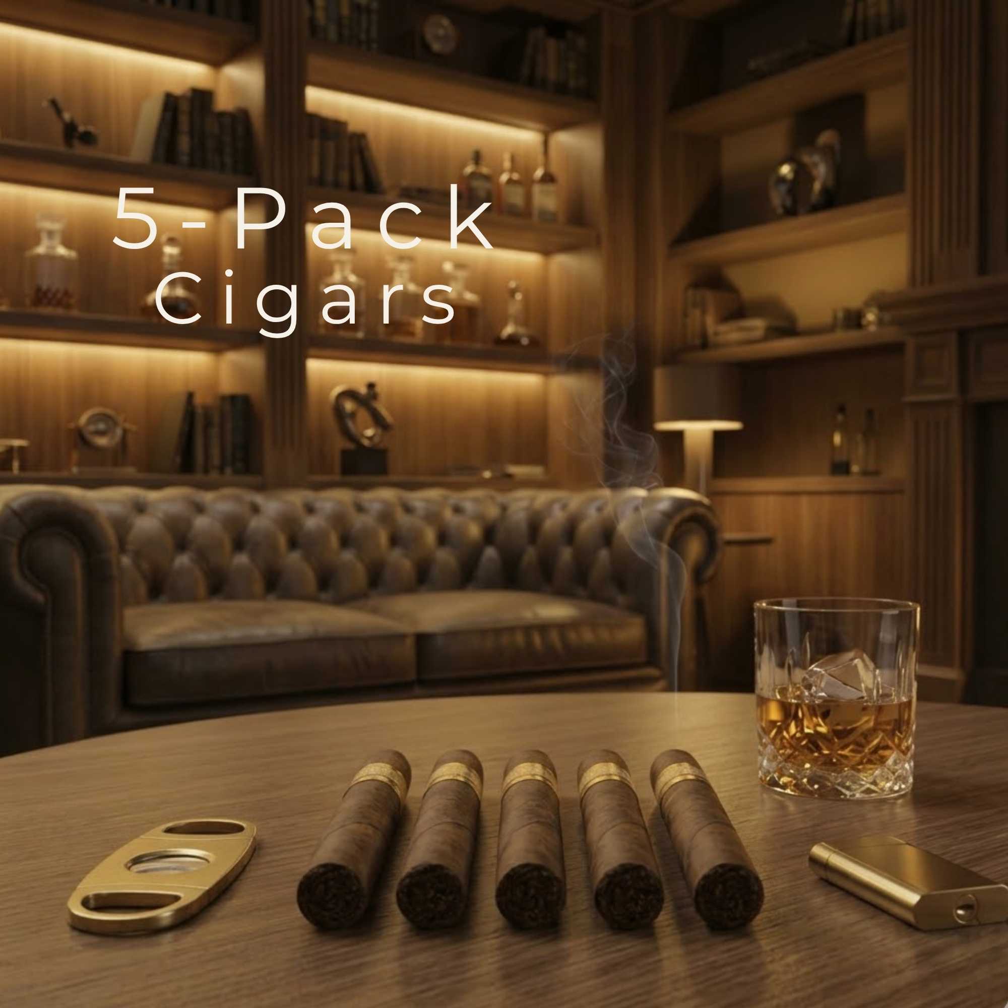 Five premium cigars arranged on wooden table in luxury lounge setting