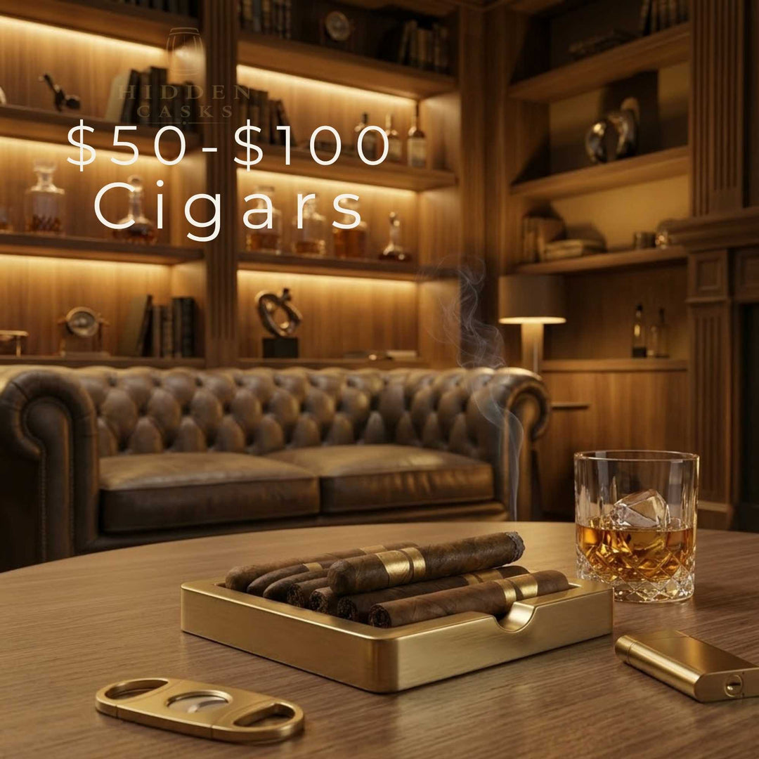 Mid-tier premium cigars displayed in luxury lounge setting with warm ambient lighting