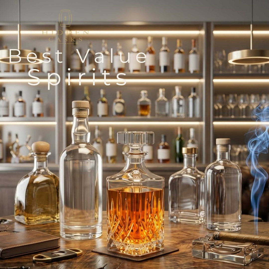 Best value premium spirits displayed in clean bar setting with warm lighting