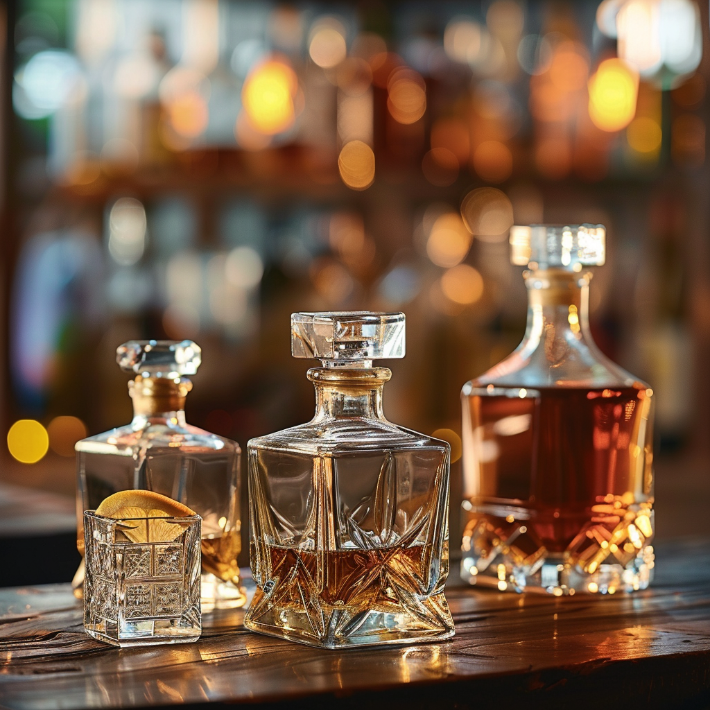 Top selling whiskey and tequila bottles grouped together in dark setting