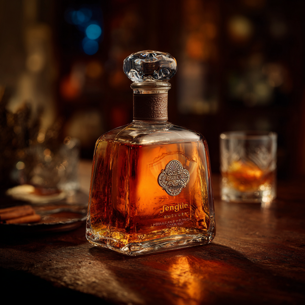 Premium añejo tequila bottle with warm amber lighting and elegant bar background