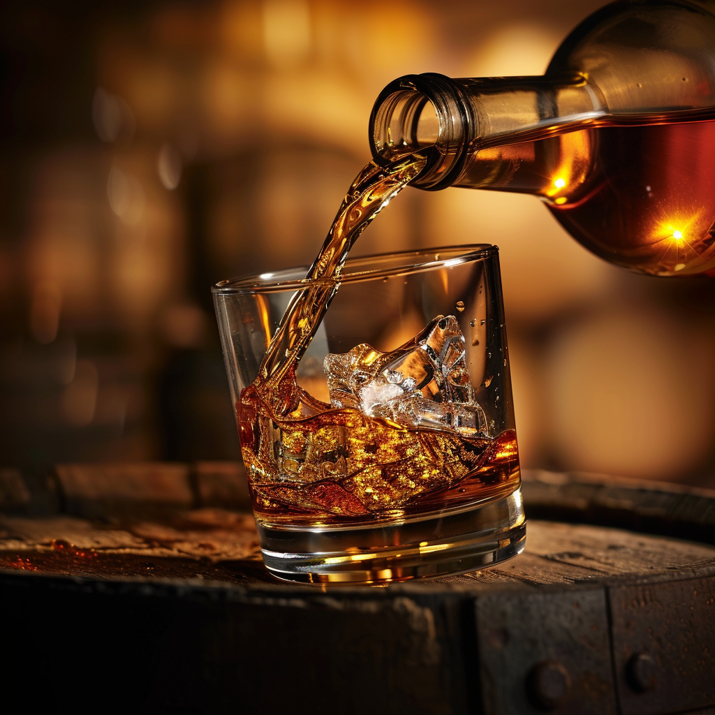 Bourbon bottles with barrels and warm rustic lighting