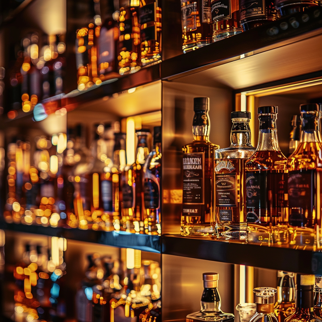 Premium whiskey bottles and glass with warm amber lighting