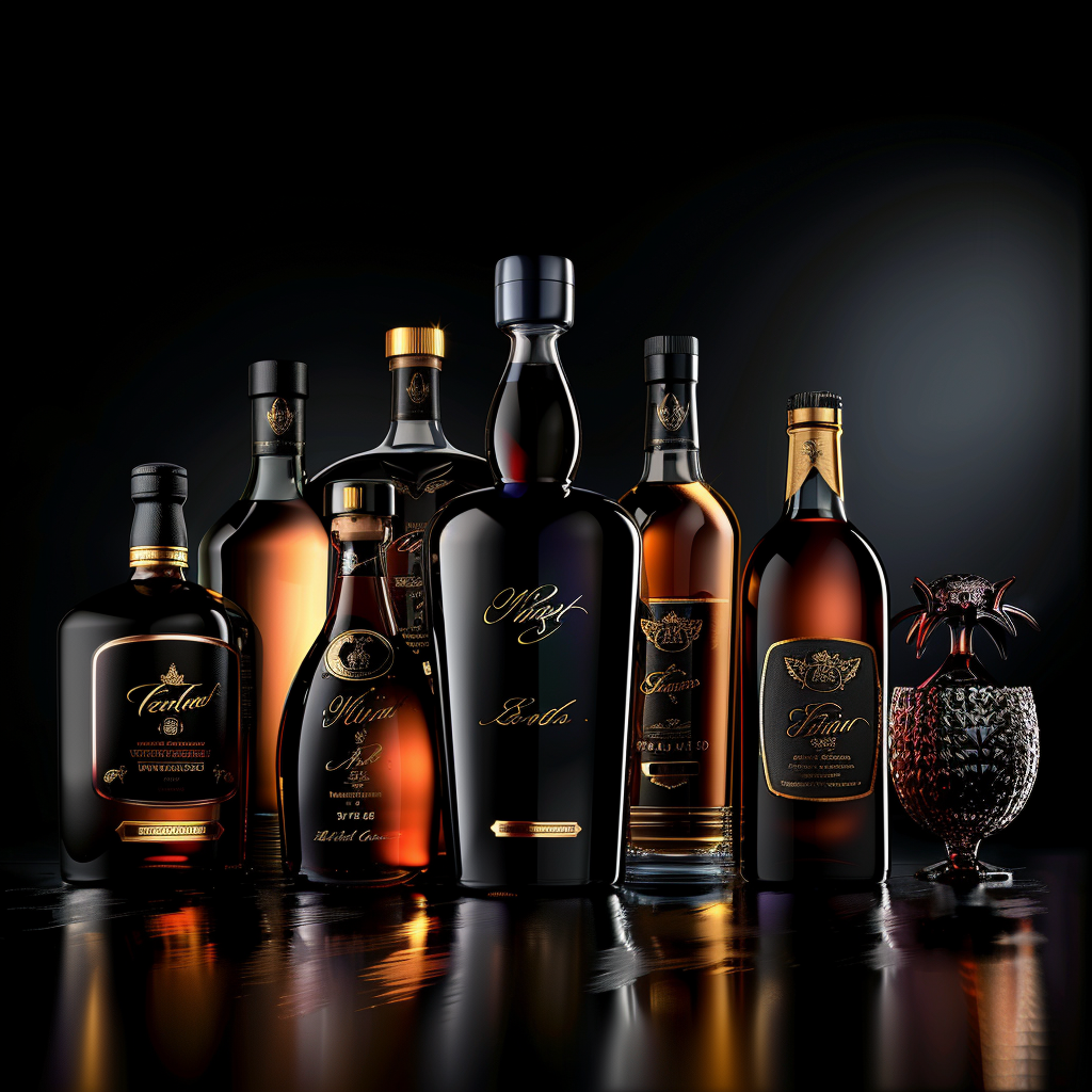 New premium liquor bottles arranged on dark reflective surface