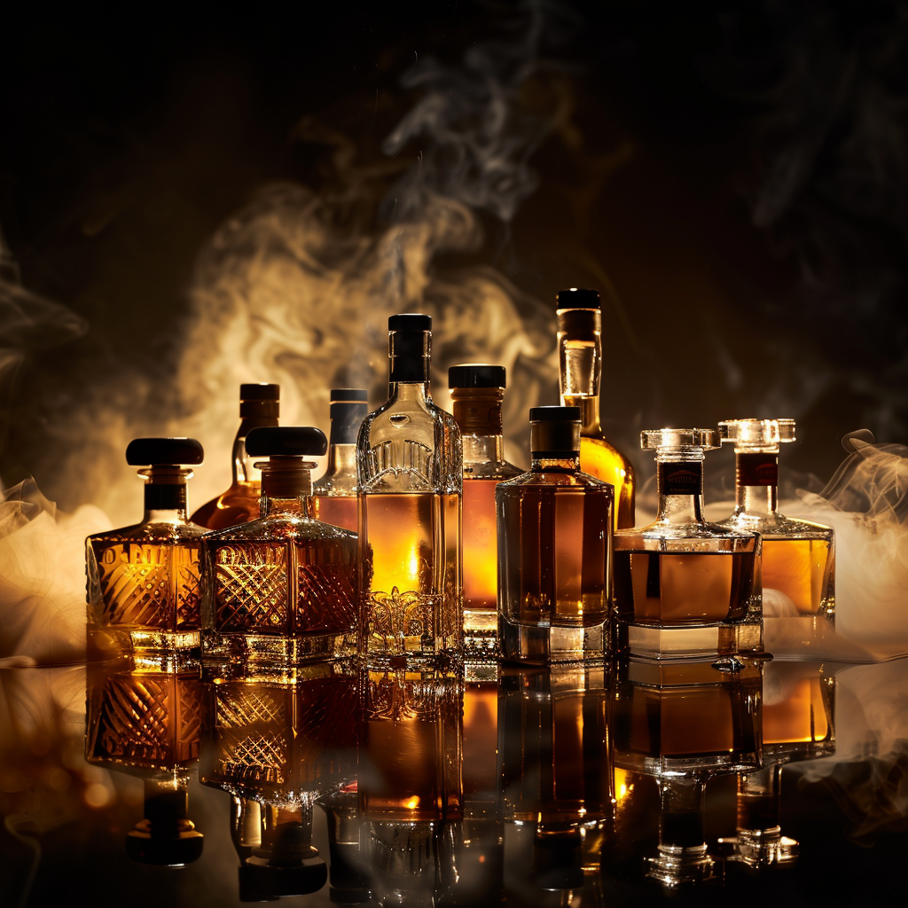 Featured drop collection of premium whiskey and tequila bottles on dark background
