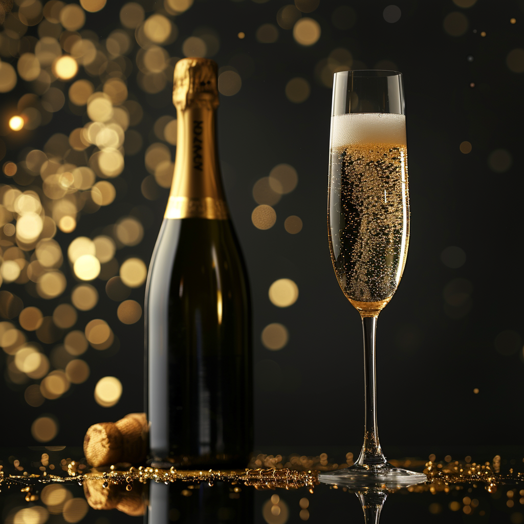 Luxury Champagne bottle with glass and elegant sparkling bubbles in a refined setting