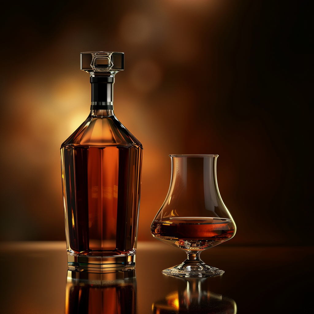 Premium cognac bottle with snifter glass in warm amber lighting