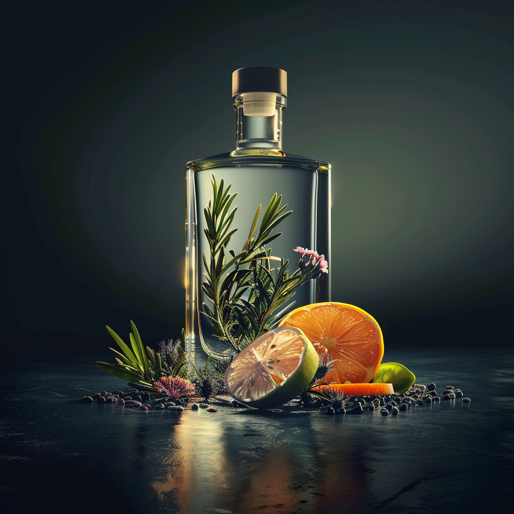 Gin bottle with botanicals and citrus garnish in a premium bar setting