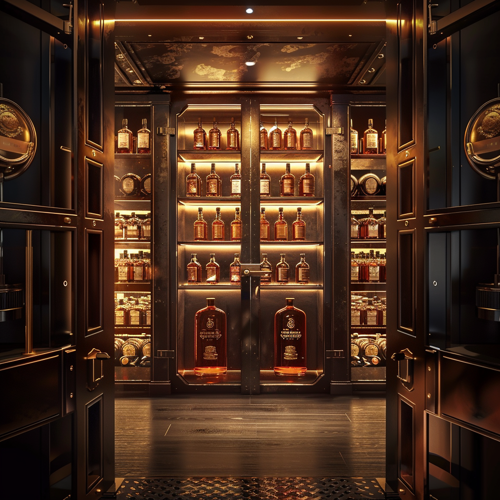 Luxury rare spirits vault with premium whiskey bottles in a dark, gold-lit setting