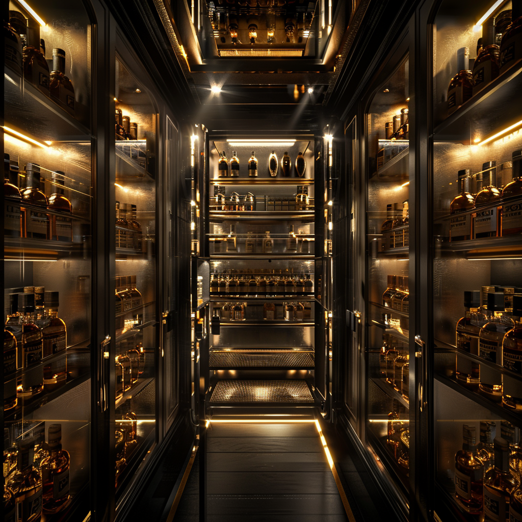 Luxury spirits vault hallway with premium whiskey bottles and warm gold lighting
