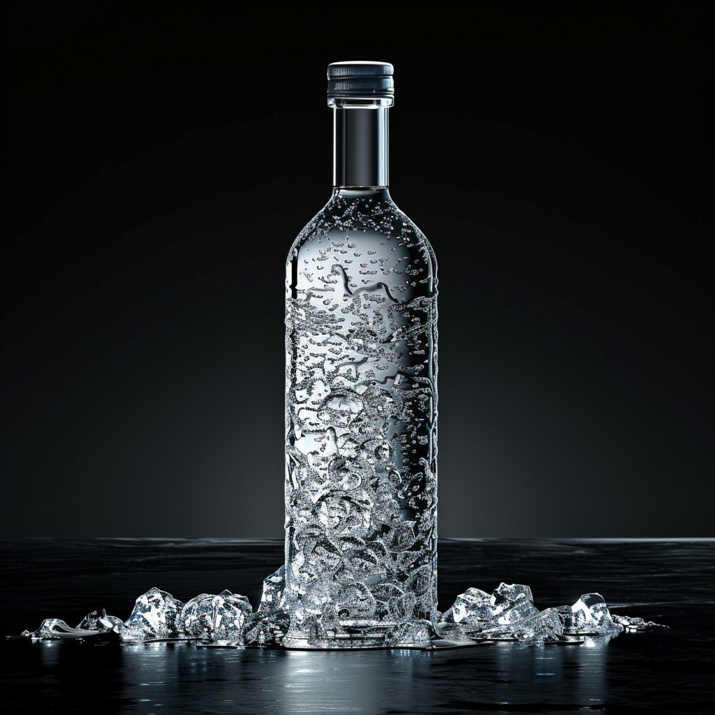 Premium vodka bottles with ice and sleek modern lighting