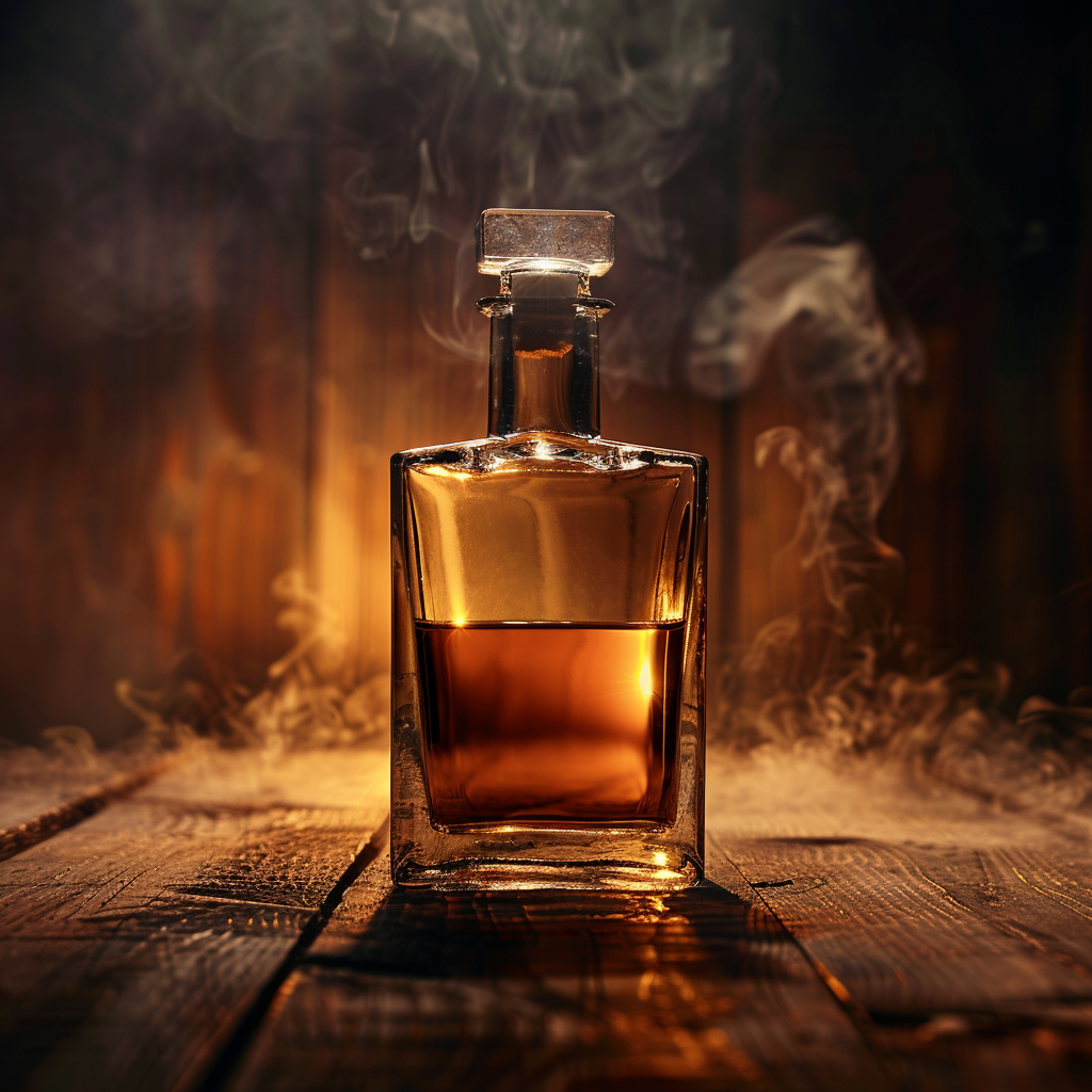 American whiskey bottle in a warm rustic wood setting with subtle smoke and amber lighting
