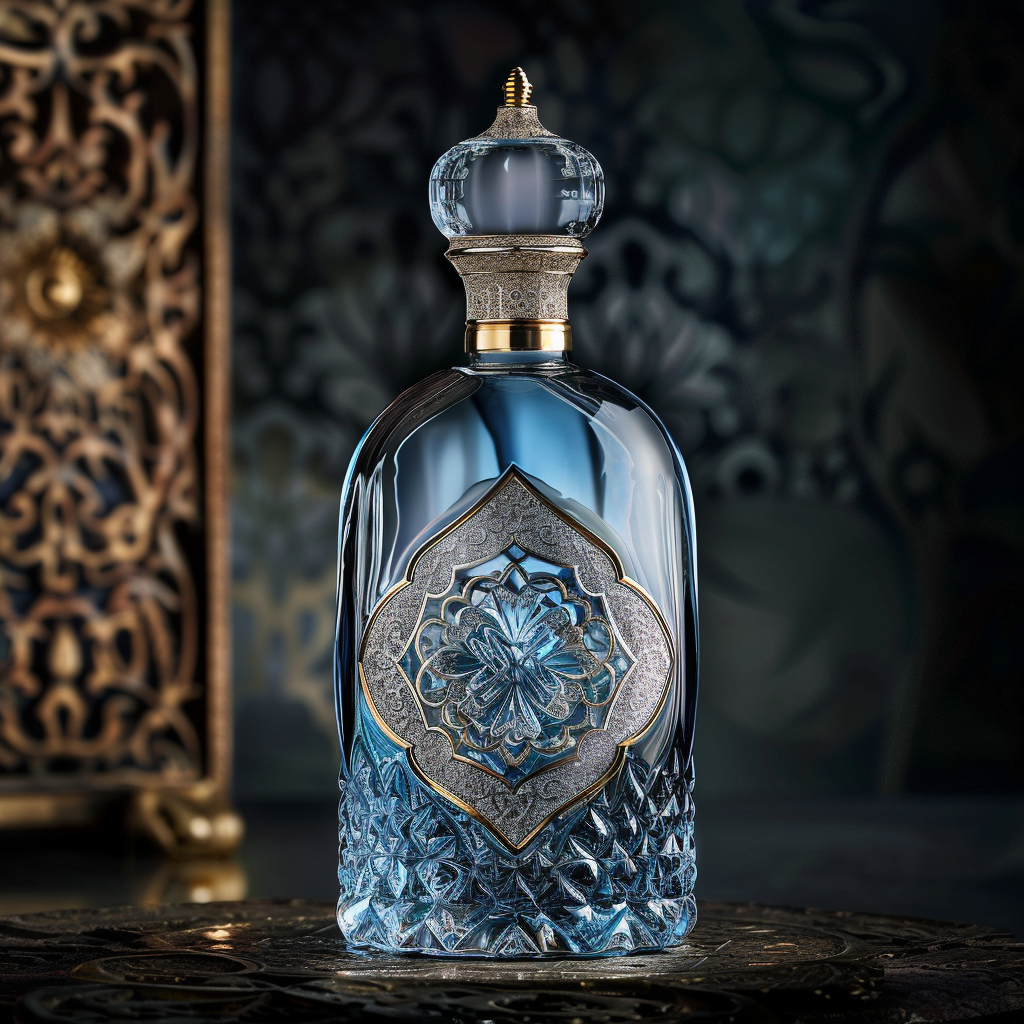 Premium arak bottle with intricate design and elegant Middle Eastern aesthetic on a dark background