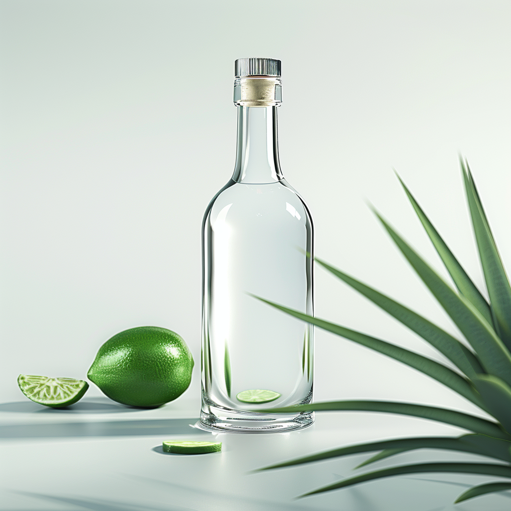 Premium blanco tequila bottle with lime and agave leaf in a clean modern luxury setting
