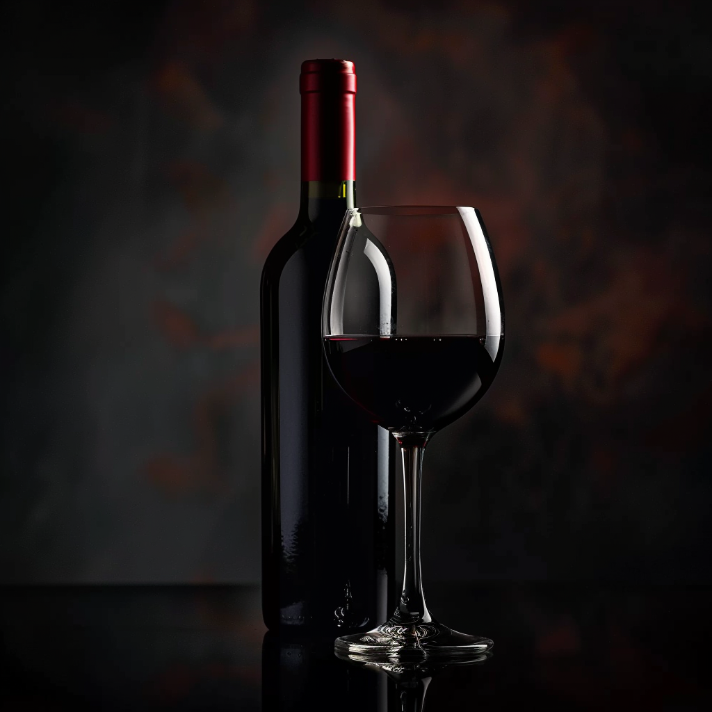 Premium Cabernet Sauvignon wine bottle with glass in deep dark tones and dramatic elegant lighting