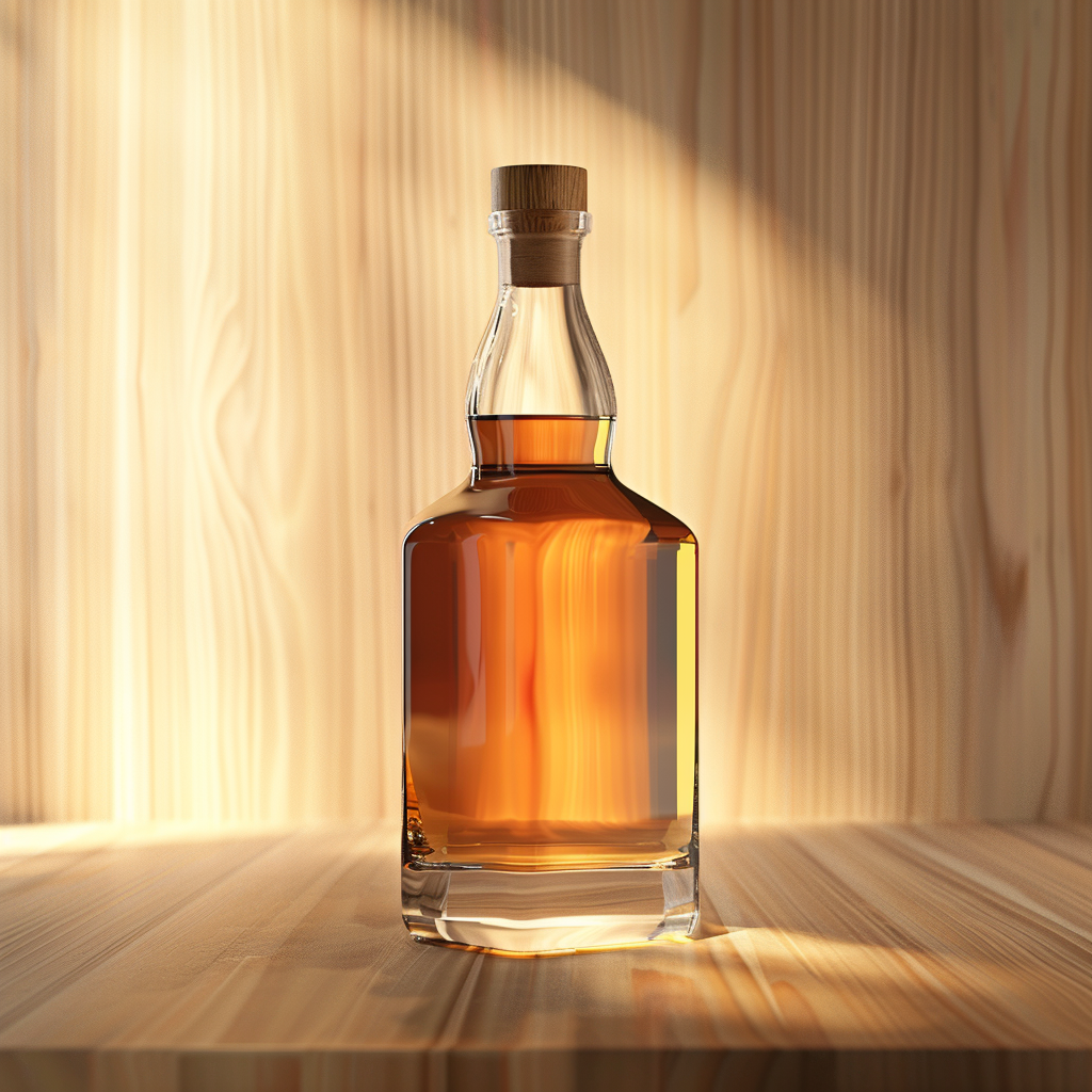 Canadian whiskey bottle in a bright light wood setting with clean minimal design