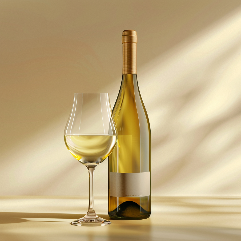 Premium Chardonnay wine bottle with golden tones and elegant soft lighting