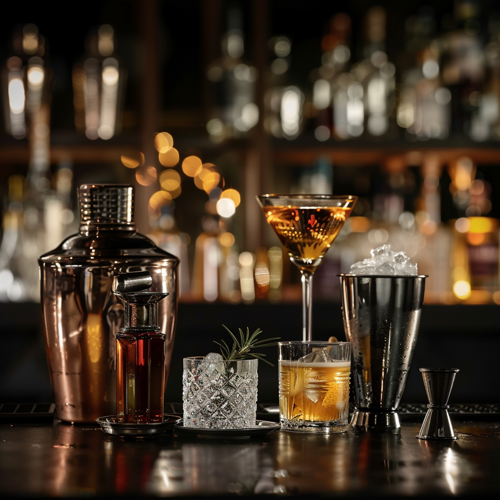 Premium cocktail mixers and bitters with bar tools and crafted drinks in an elegant bar setting