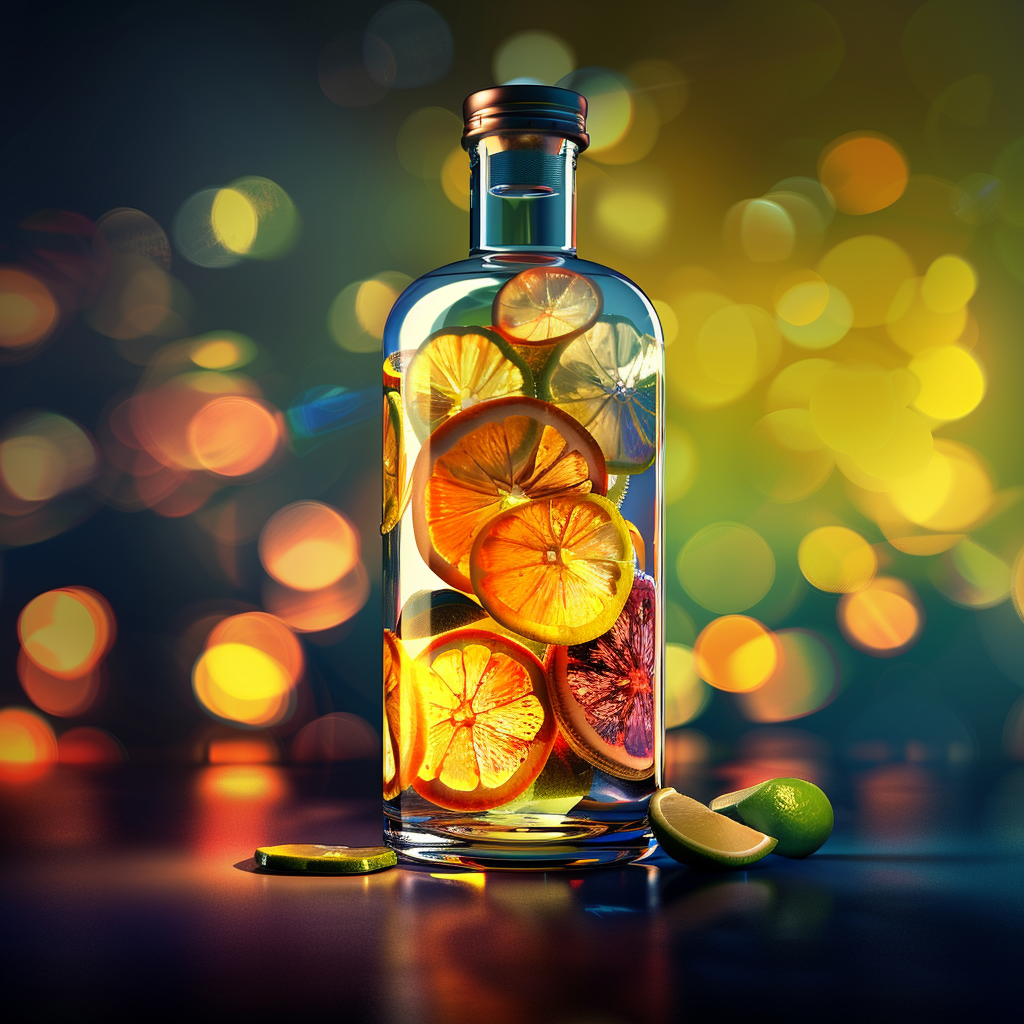 Premium flavored tequila bottle with citrus infusion in a vibrant elegant setting