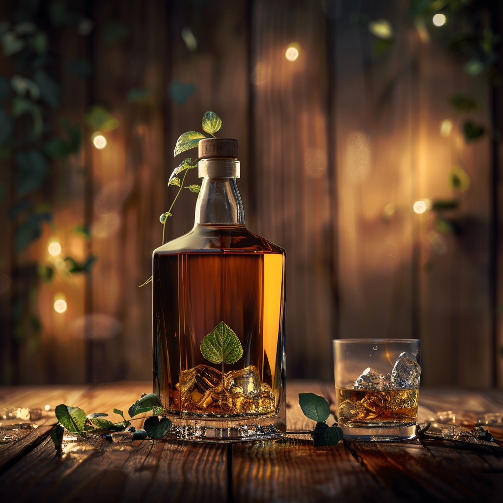 Irish whiskey bottle with glass in a warm wood setting with subtle green accents