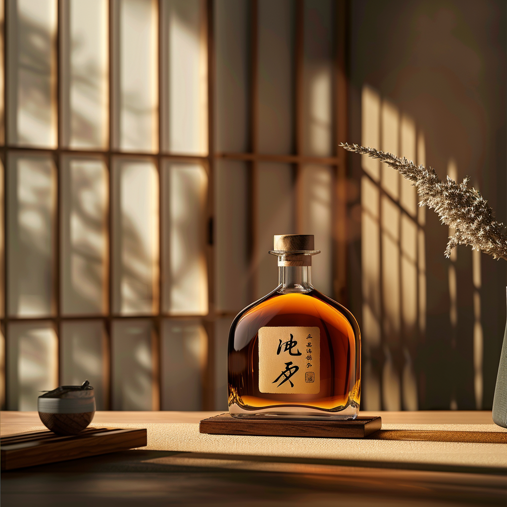 Premium Japanese whisky bottle in a minimal zen-inspired setting with warm natural lighting