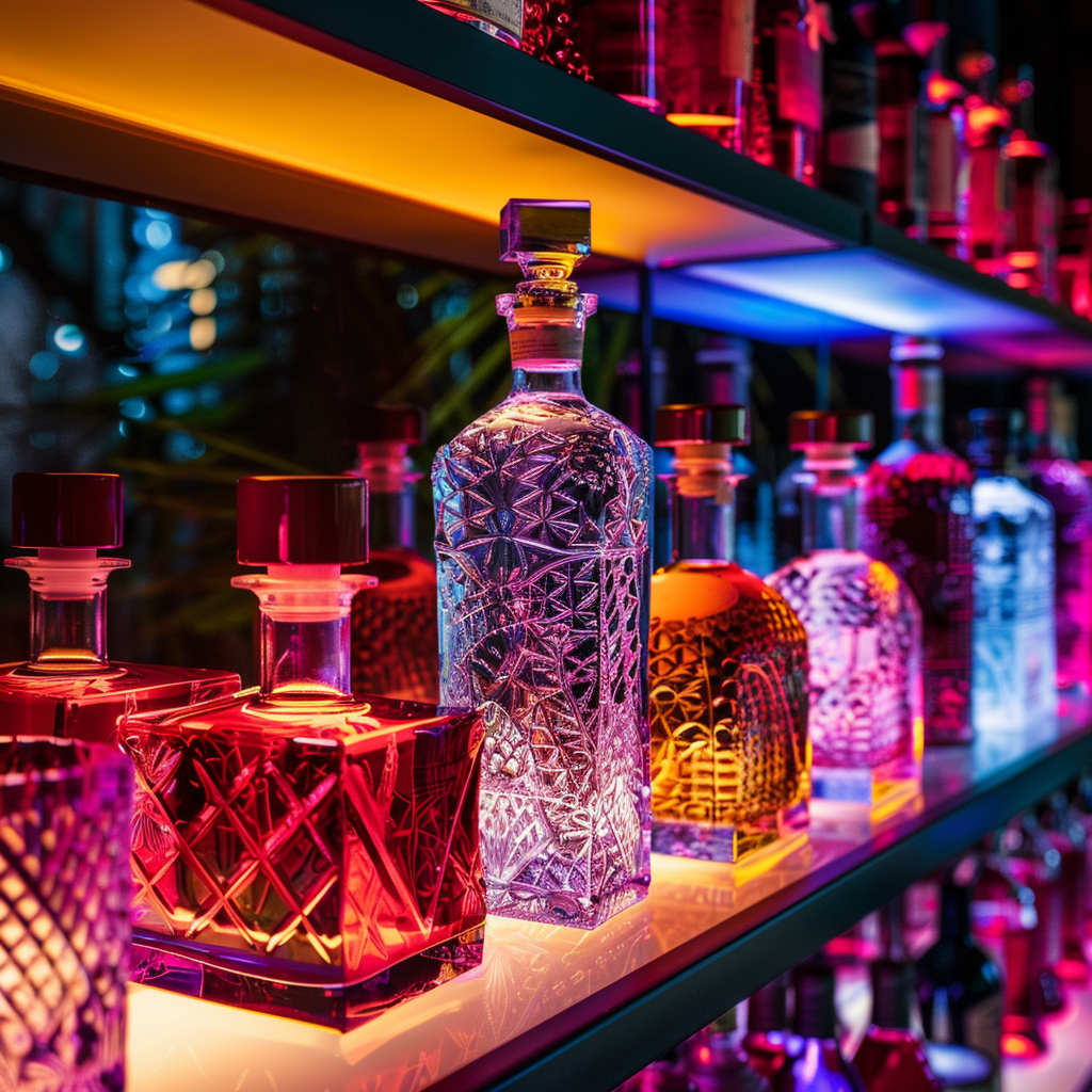 Colorful premium liqueur bottles displayed on a modern bar shelf
