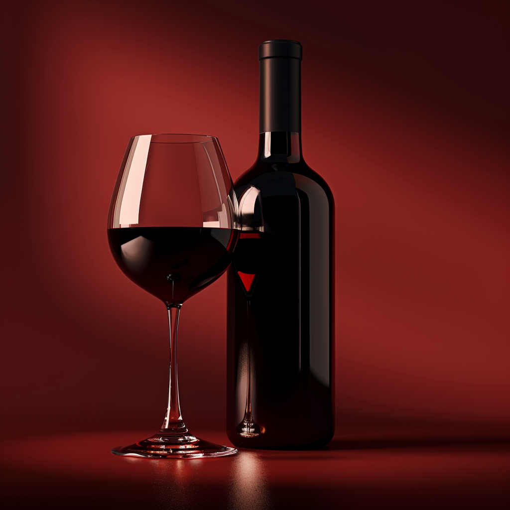 Premium Merlot wine bottle with glass in soft red tones and warm elegant lighting