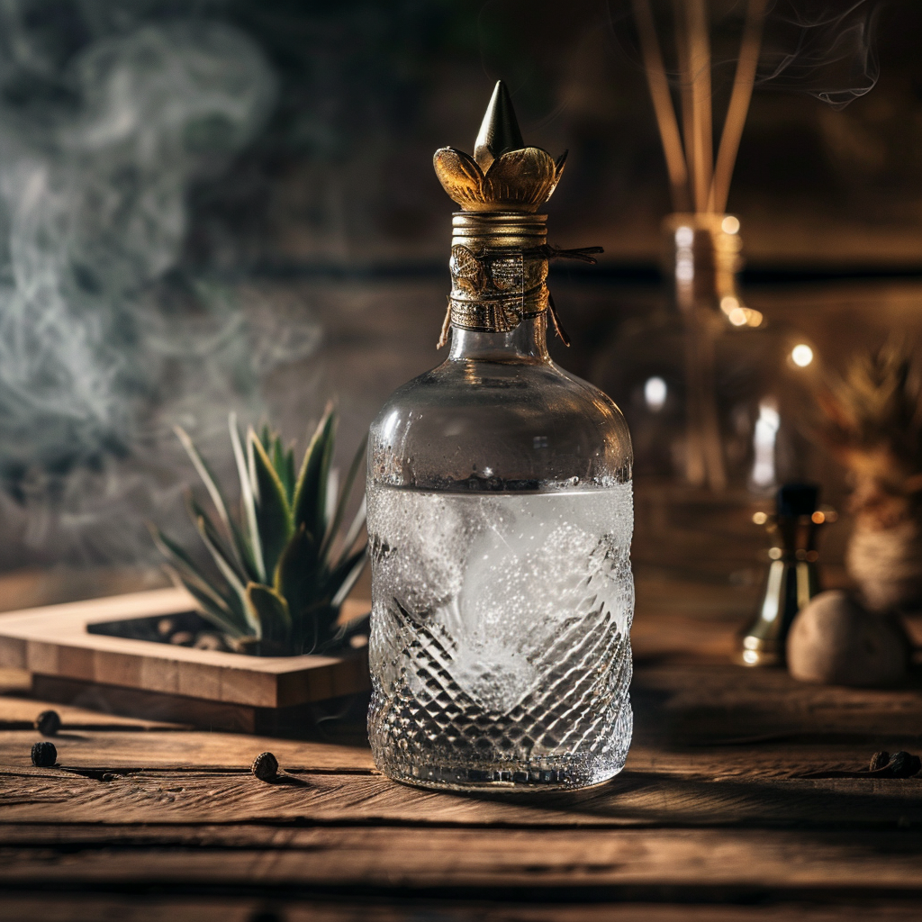 Premium mezcal bottle with smoky atmosphere and agave elements in a rustic elegant setting