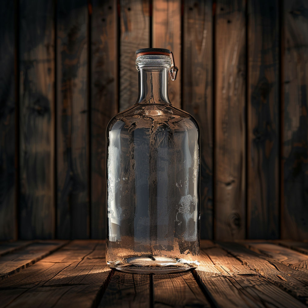 Premium moonshine bottle with rustic wood background in warm lighting
