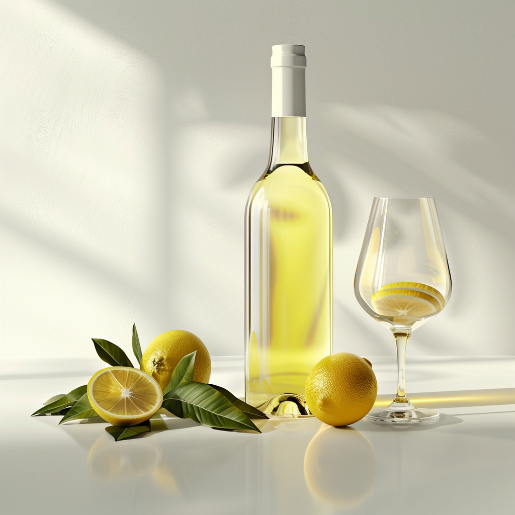 Premium Pinot Grigio wine bottle with glass and citrus in a clean bright minimal setting