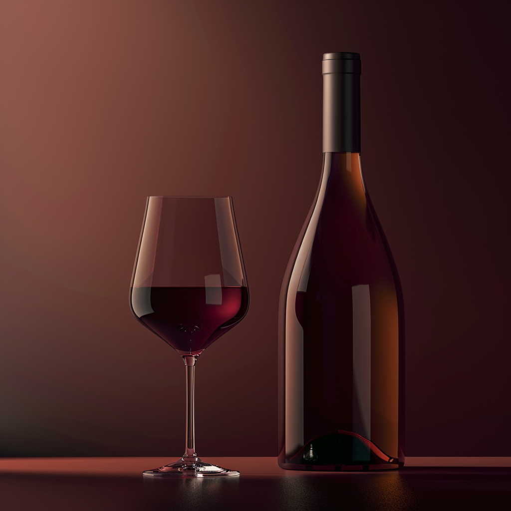 Premium Pinot Noir wine bottle with glass in soft red tones and elegant minimal lighting