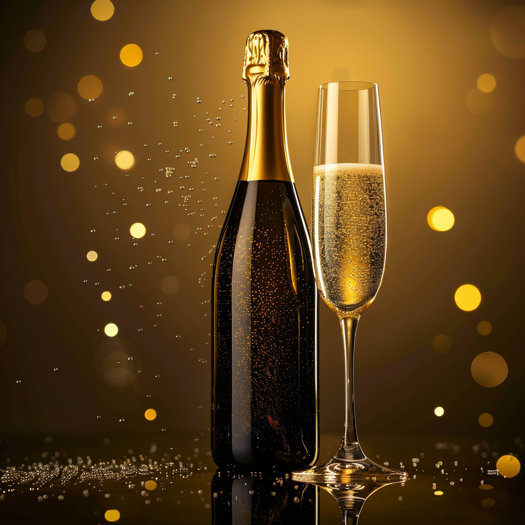 Premium Prosecco bottle with flute glass and soft golden sparkling background