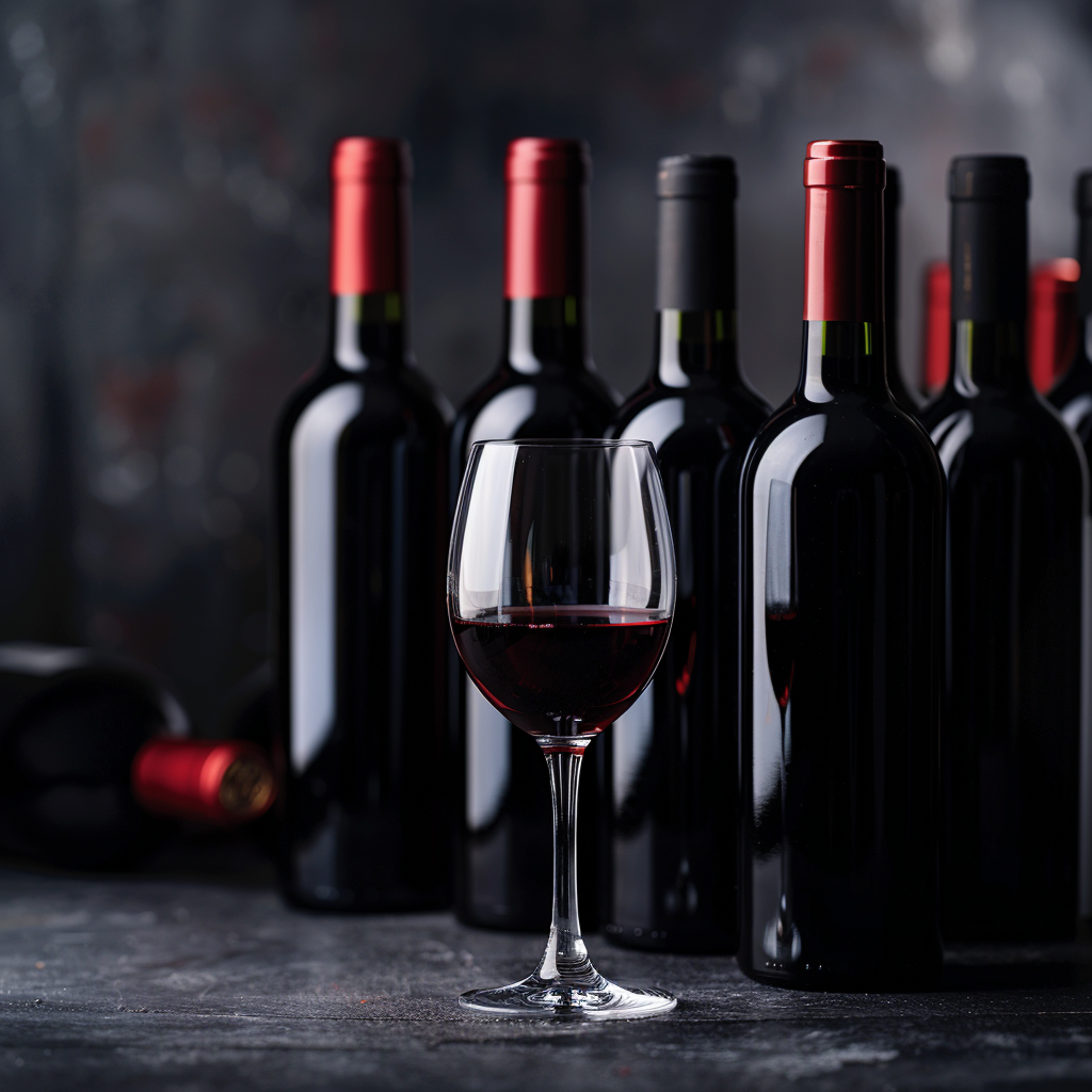 Premium red blend wine collection with multiple bottles and one glass in a refined elegant setting