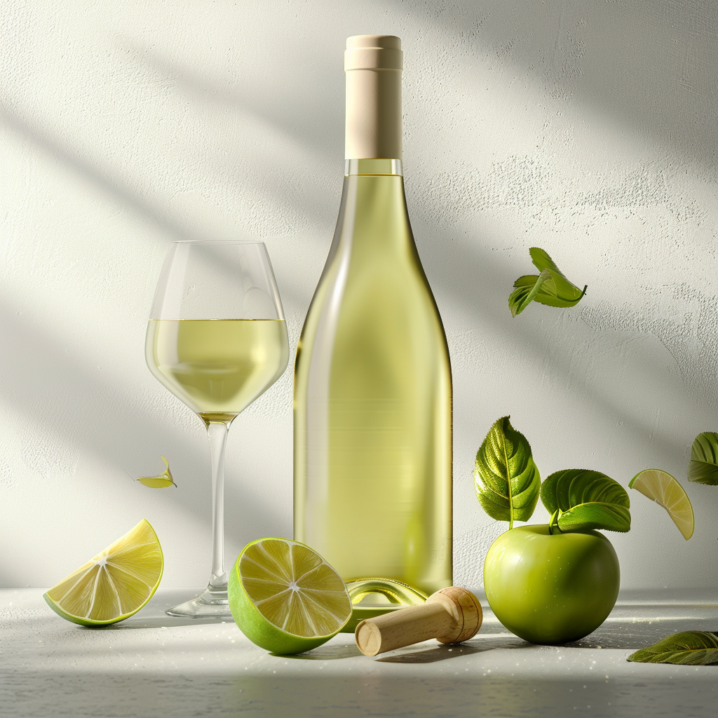 Premium Riesling wine bottle with glass, green apple, and citrus in a bright elegant setting
