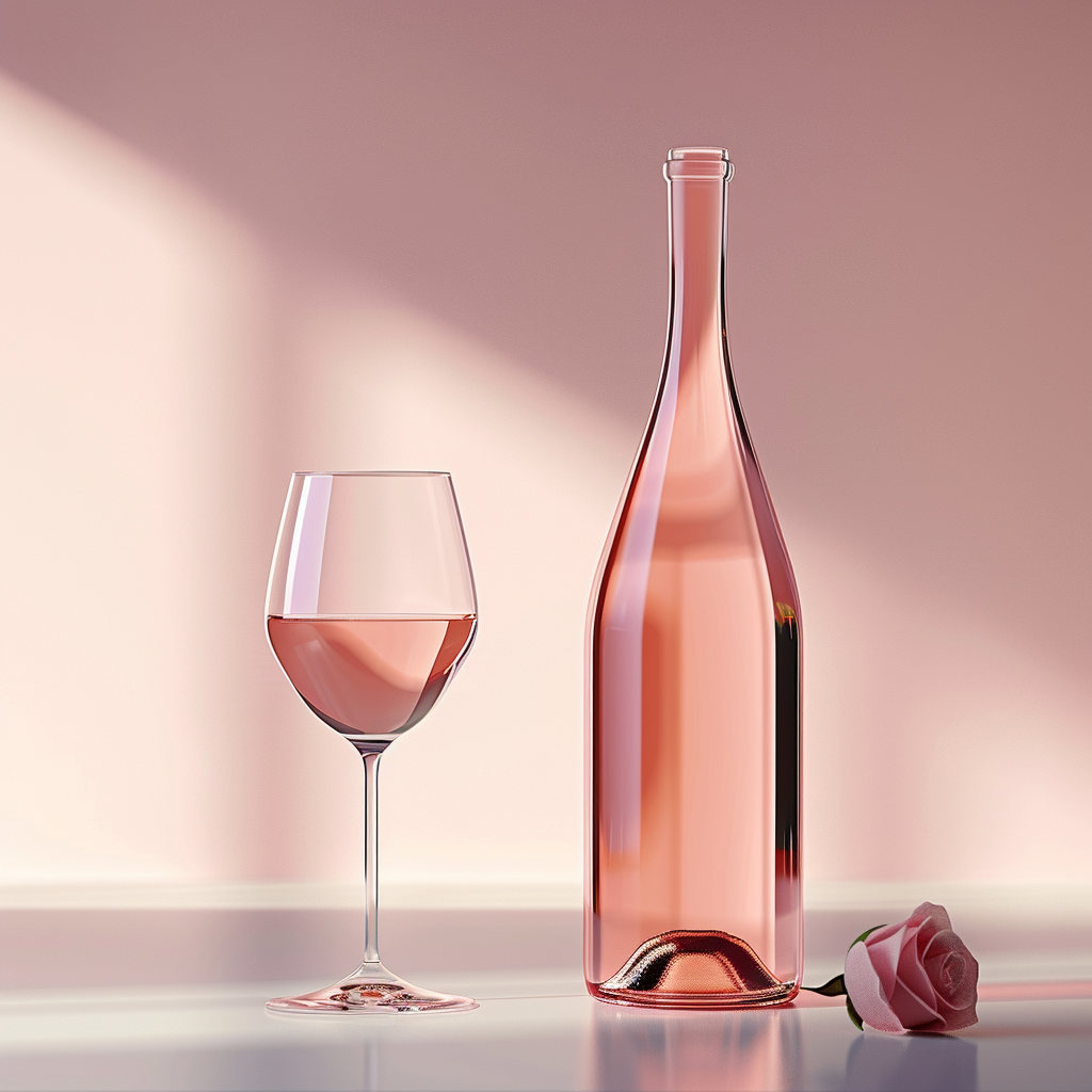 Premium rosé wine bottle with glass and soft pink tones in an elegant minimal setting