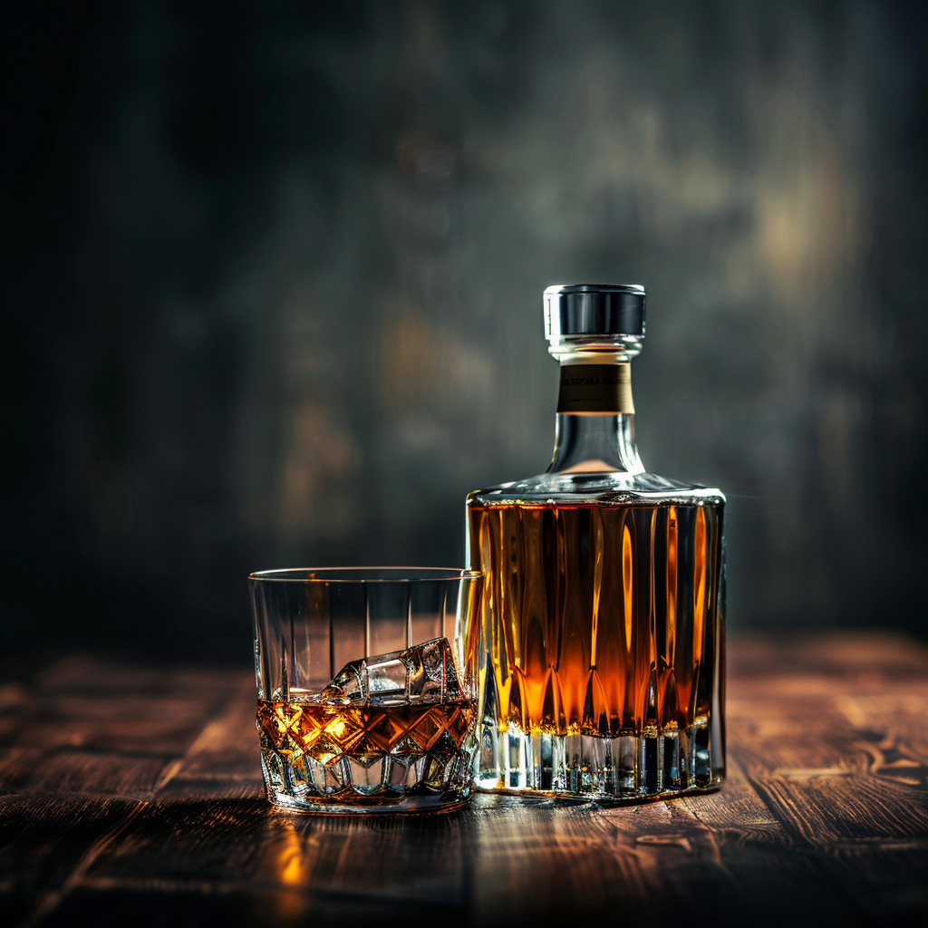 Rye whiskey bottle and glass in a dark moody setting with warm lighting and textured glass detail