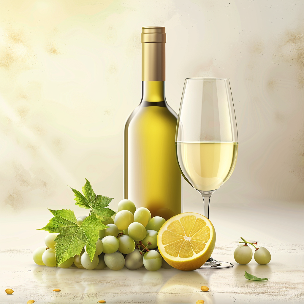 Premium Sauvignon Blanc wine bottle with glass, citrus, and green grapes in a light elegant setting