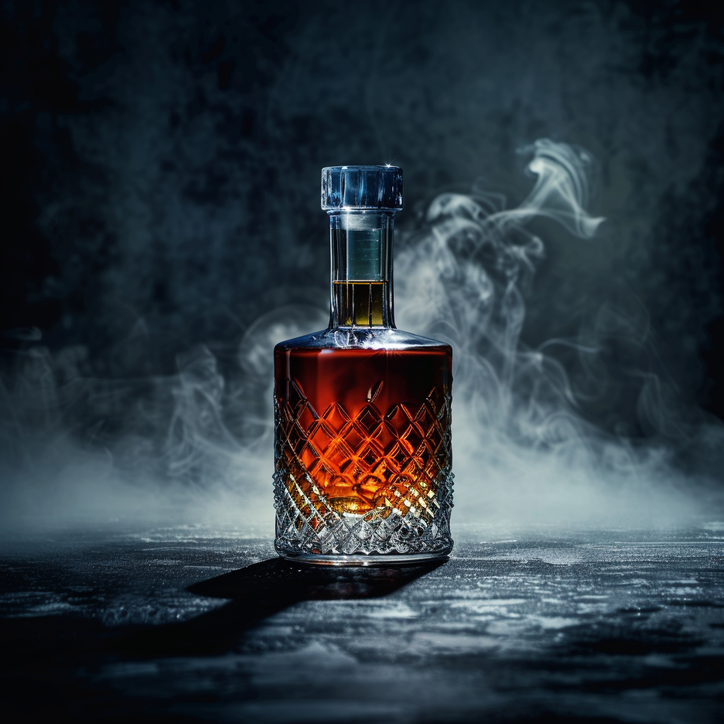 Scotch whisky bottle in a dark stone setting with subtle smoke and cool moody lighting