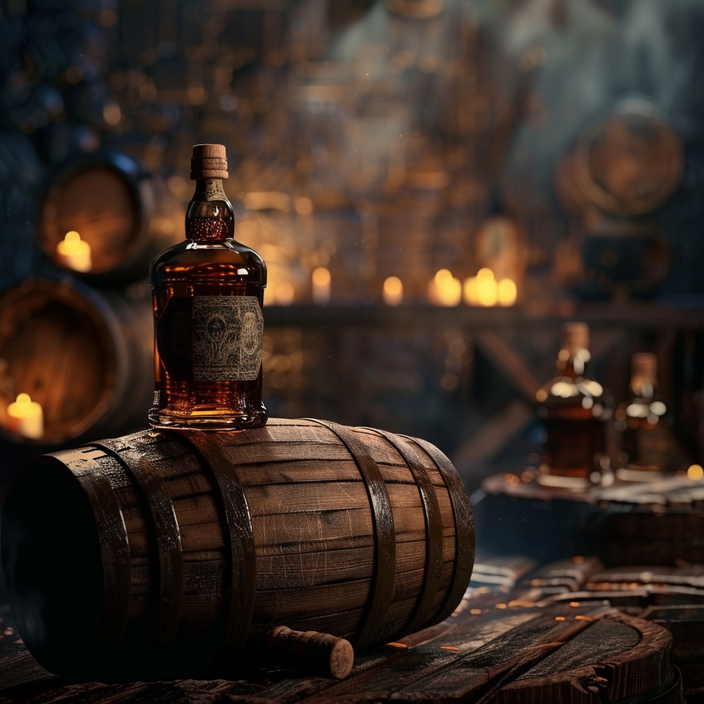 Single barrel whiskey resting on wooden barrel in a rustic premium distillery setting