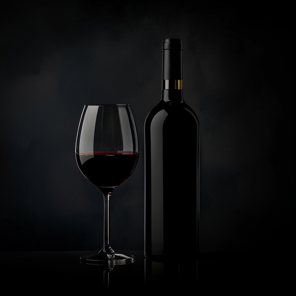 Premium Syrah wine bottle with glass in dark moody lighting and black background