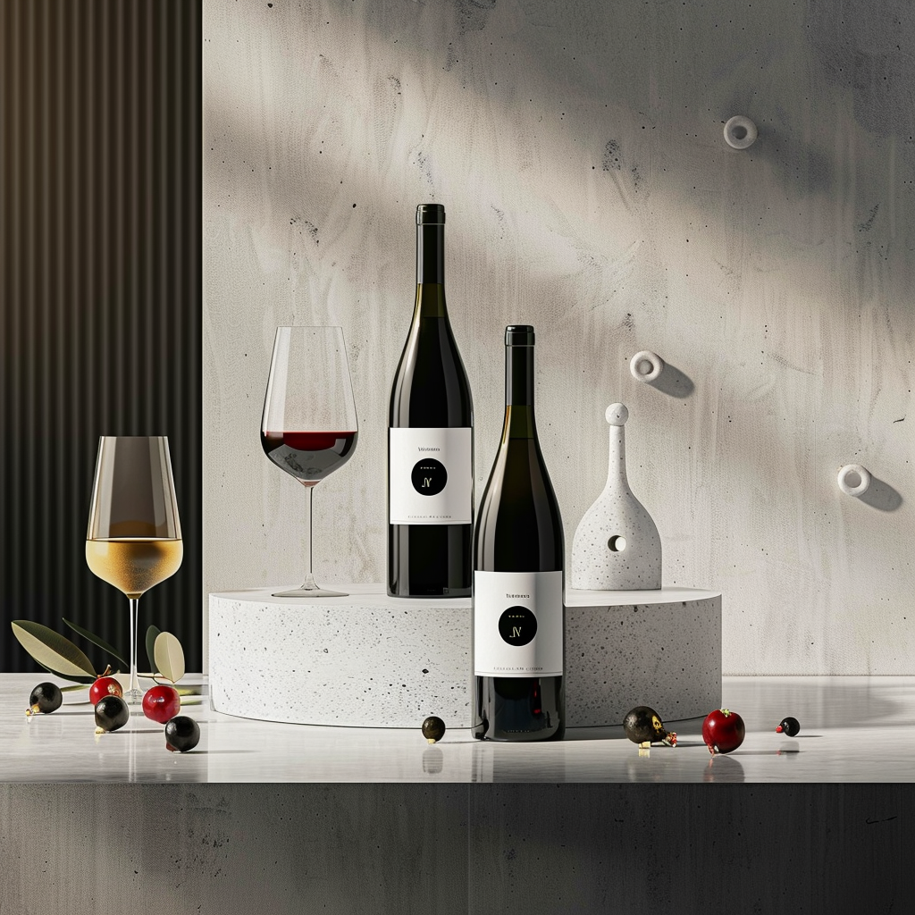 Premium wine collection featuring red and white bottles with glass in a clean elegant setting
