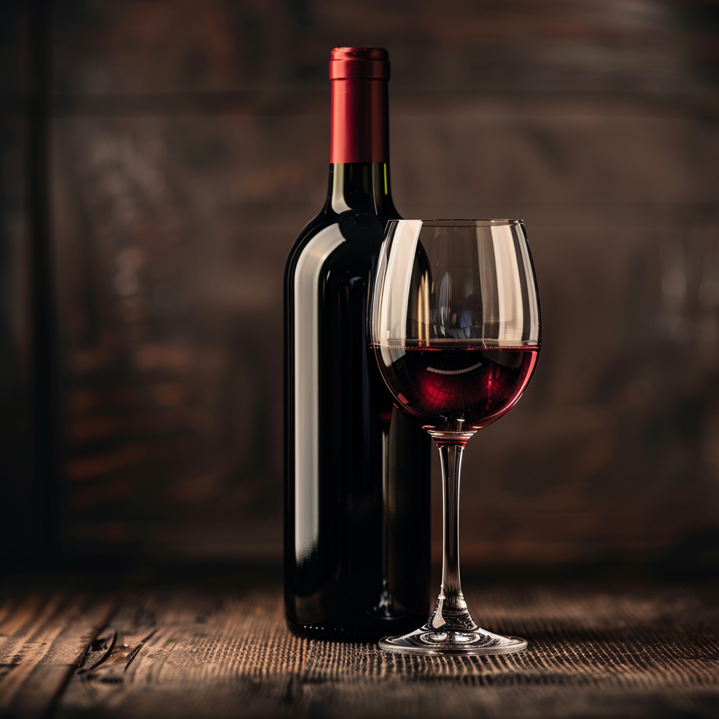 Premium Zinfandel wine bottle with deep red tones and elegant rustic setting